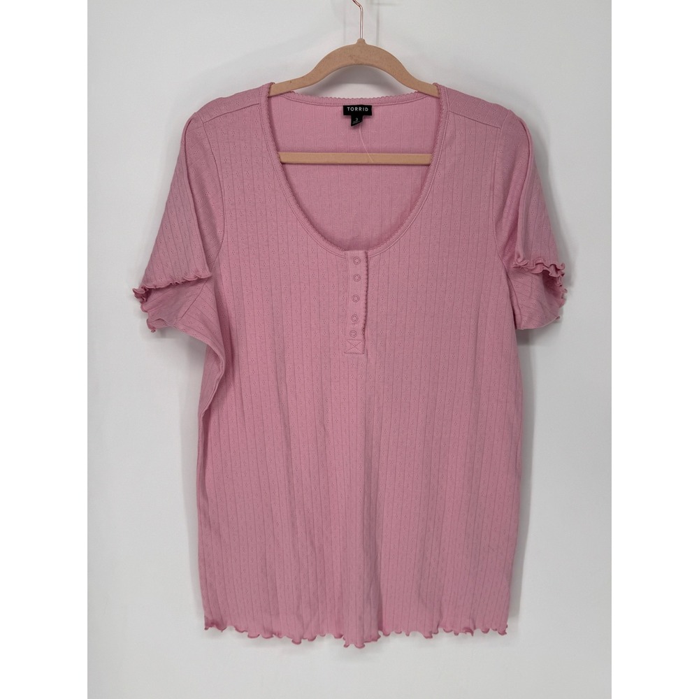 Torrid Henley Top Womens 3 Pink Pointelle Lettuce Edge Short Sleeve Ribbed
